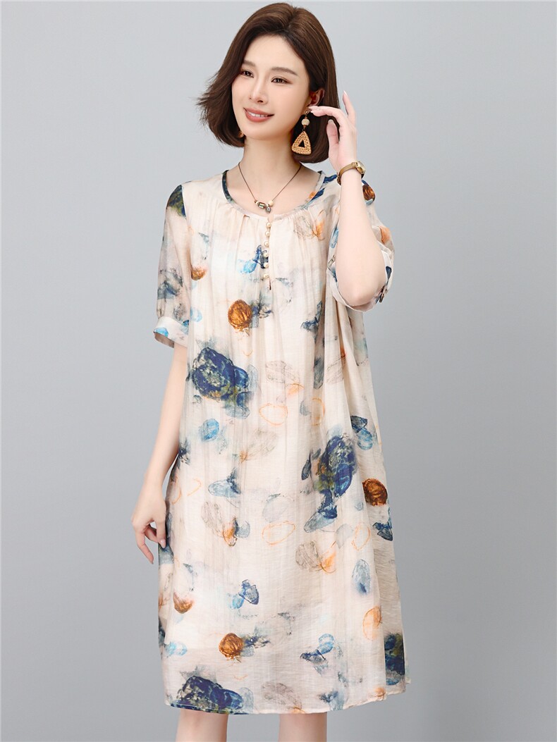 2026时尚中年妈妈休闲直筒莱赛尔天丝麻连衣裙,女装连衣裙,独衣靓