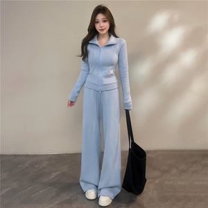 时尚减龄女春季气质休闲套装高级感穿搭立领开衫外套阔腿裤两件套图片