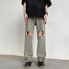 破洞拉链牛仔裤男款夏季美式高街vibe潮牌痞帅炸街N0308-P45，男装牛仔裤，星座308B-1