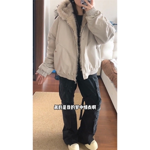 现货高品质美式高街冬季重磅硬挺短款座山雕毛领棉衣男女加厚外套图片