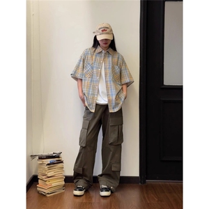 美式复古磨毛格纹短袖衬衫男女夏季潮牌休闲外套痞帅衬衣XG149图片