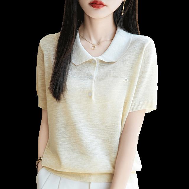 娃娃领拼色竹节麻针织短袖T恤女薄款胸标薄款上衣宽松半袖打底衫,女装T恤,菲奥羊绒