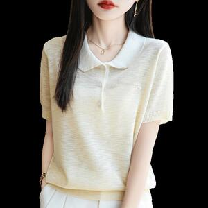 娃娃领拼色竹节麻针织短袖T恤女薄款胸标薄款上衣宽松半袖打底衫图片