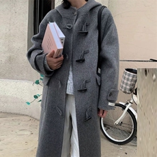 灰色连帽呢子大衣女中长款2023新款宽松牛角扣夹棉加厚毛呢外套，女装毛呢外套，红依娜