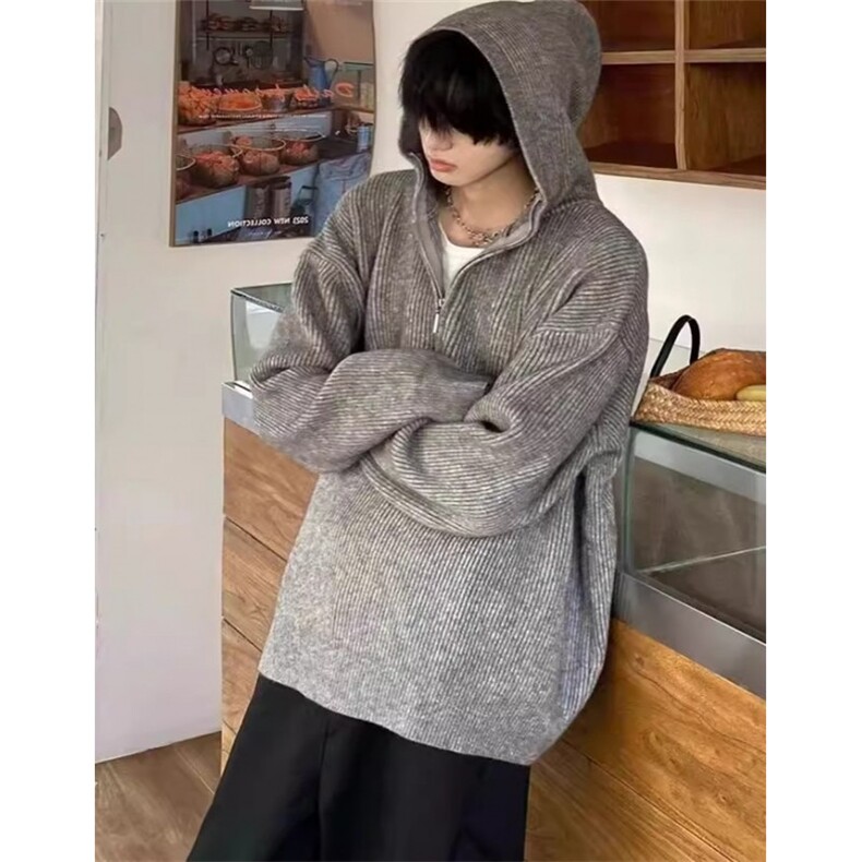 灰色半拉链连帽毛衣男秋冬宽松oversize慵懒风针织衫外套ML107,男装针织衫/毛衣,星座1116A（原606A-3）