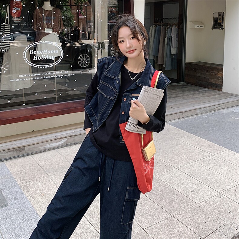 2024年秋款新款复古百搭马甲小个子宽松休闲工装牛仔套装，女装套装/套裙，瑶迪