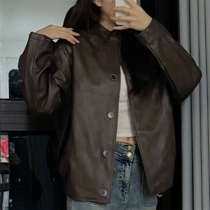 复古棕短款皮衣外套女美拉德高级感立领PU机车夹克 C845-P110图片
