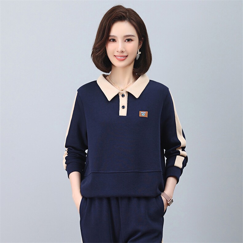 撞色拼接卫衣女短款时尚流行百搭小个子中老年翻领长袖上衣女,女装卫衣/绒衫,涵誉