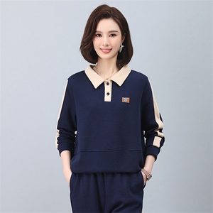撞色拼接卫衣女短款时尚流行百搭小个子中老年翻领长袖上衣女图片