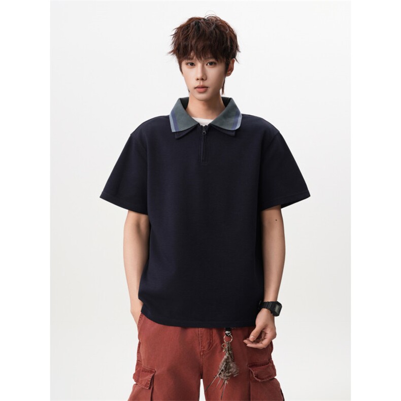 M-8XL美式复古撞色拼接polo衫半拉链短袖t恤大码宽松DX1227/特P40，男装T恤，电商B238