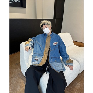 美式街头水洗牛仔外套男女拼接设计感工装夹克潮图片