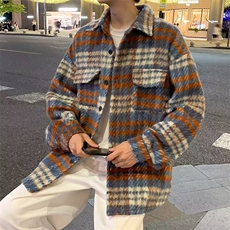453-P60磨毛格子衬衫女长袖春装大码宽松复古叠穿上衣中长款，男装衬衫，电商B323A