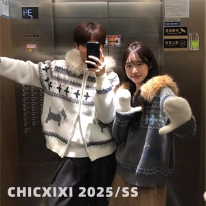 CHICXIXI 25AW 复古费尔岛大毛领连帽开衫双拉链毛衣外套男女秋冬图片
