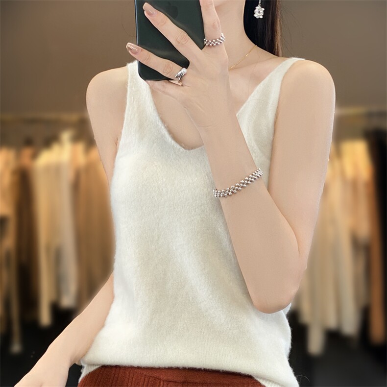 薄款V领精纺羊毛针织吊带女2024夏季新款纯色无袖背心内搭打底衫,女装背心吊带,羿纯羊绒
