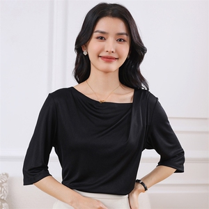 三醋酸断面荡领五分袖短袖t恤女薄款夏季透气百搭高级感半袖上衣图片