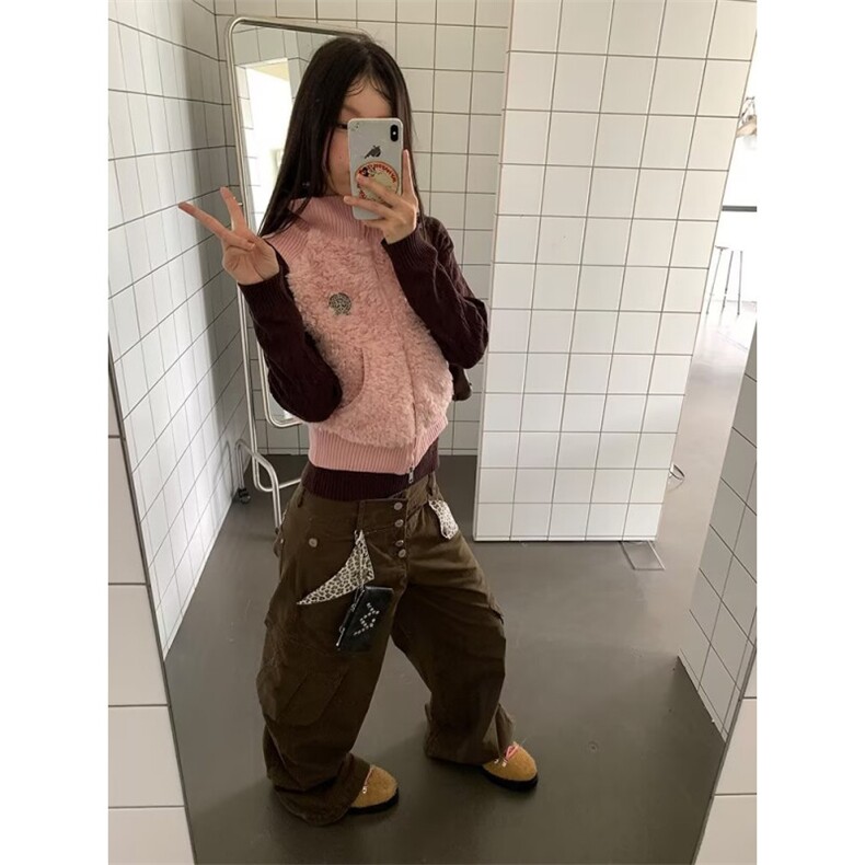 美式复古豹纹拼接多口袋牛仔裤男女cleanfit宽松工装裤情侣阔腿裤,男装牛仔裤,四季星座505