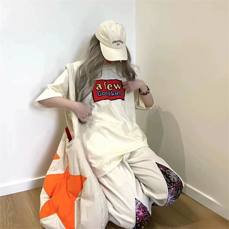 抖音得物供货210克宽松纯棉美式潮牌印花宽松落肩袖纯棉T恤AT2152,男装T恤,电商A443