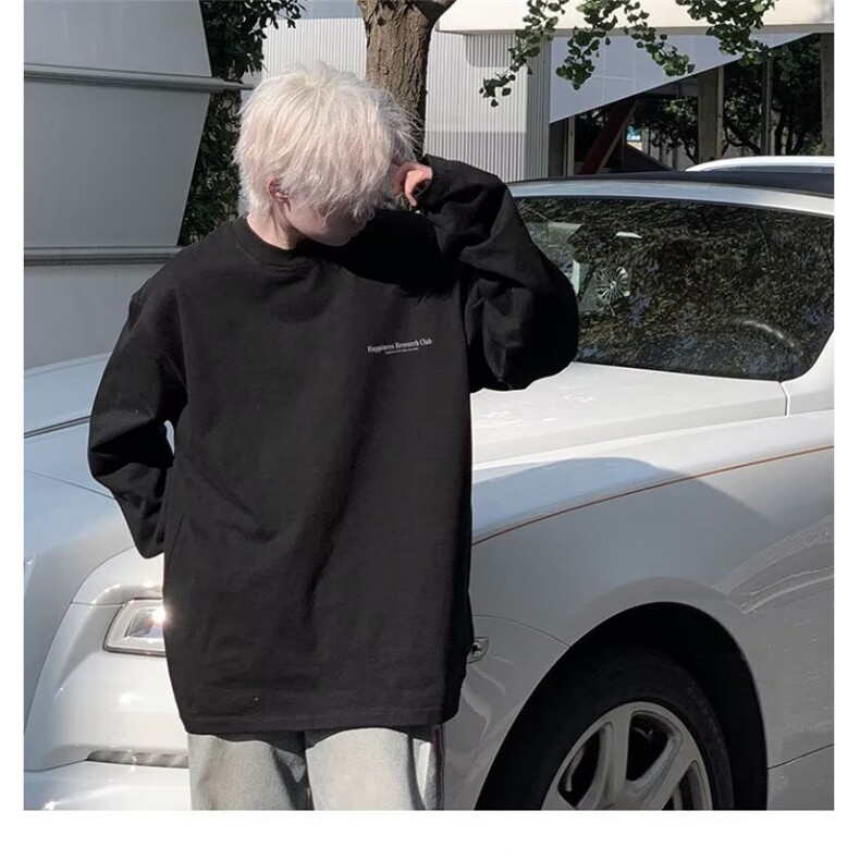 美式字母长袖t恤男生夏季高街潮牌休闲大码打底衫青少年白色体恤,男装T恤,电商B245
