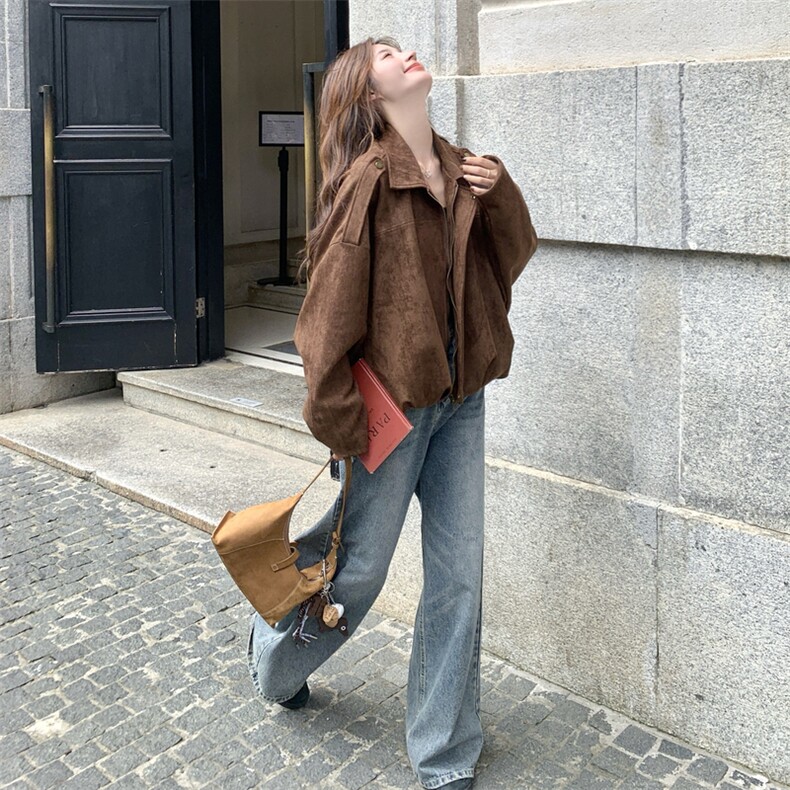 美拉德麂皮绒外套女2025秋季新款复古宽松时尚小个子机车风夹克潮,女装短外套,浙宝217
