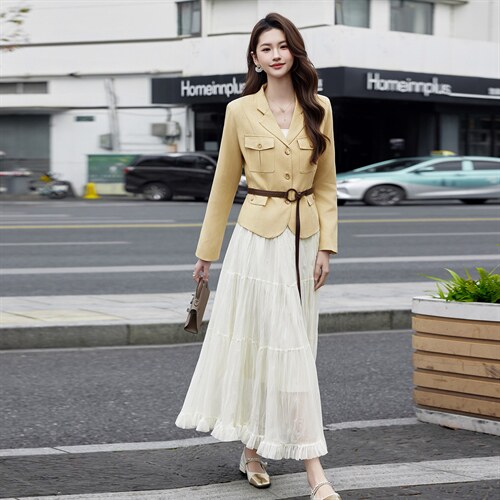 现货2026年春季新款女气质时尚潮流小外套上衣半身裙连衣裙套装，女装套装/套裙，奋斗女王