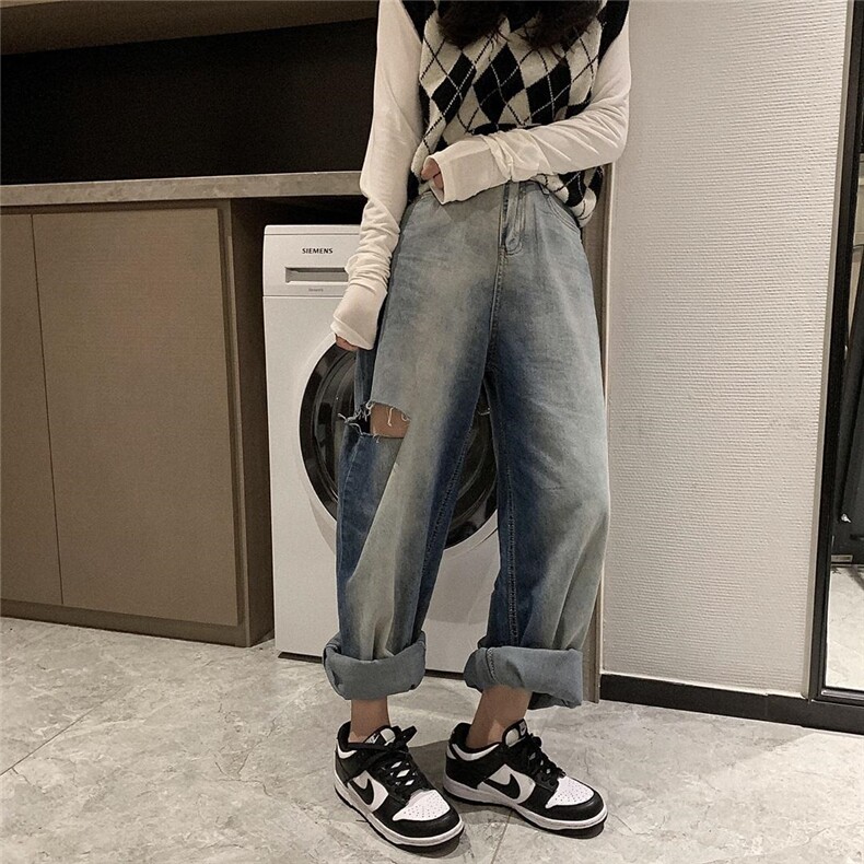 渐变破洞牛仔裤，女装牛仔裤，XTZ style