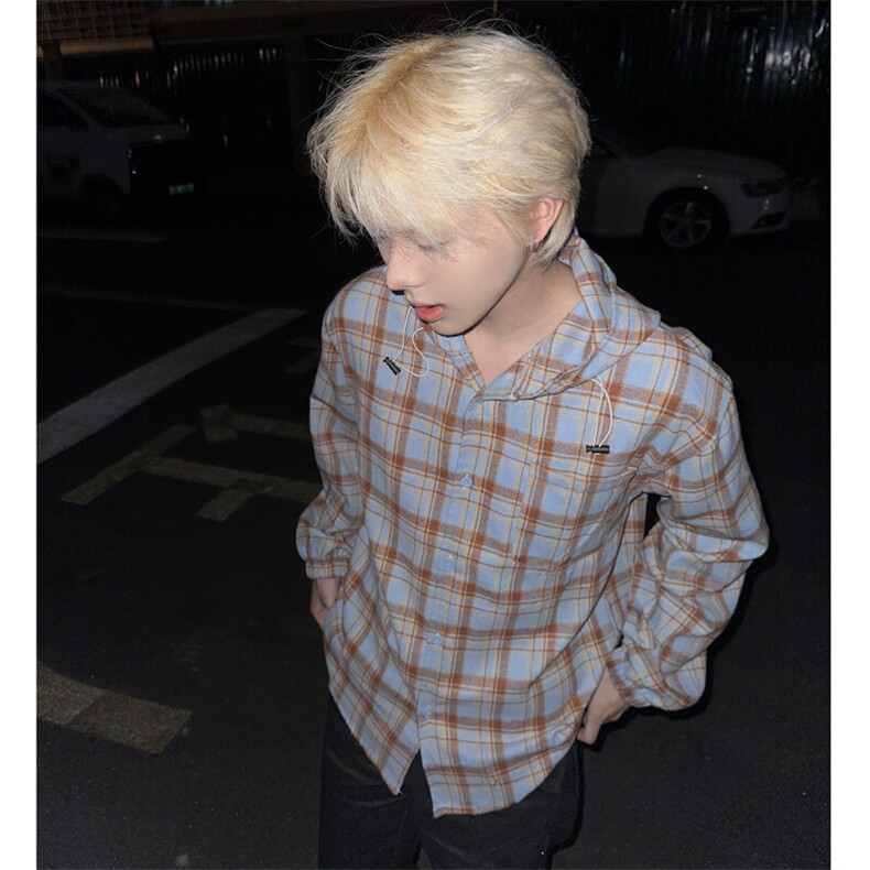（自家图）美拉德潮慵懒格子开衫连帽衬衫男女2110-P47,男装衬衫,星座910-5