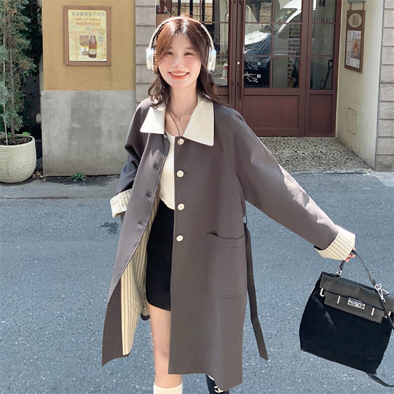 灰色休闲撞色拼接风衣外套女2025春季新款设计感系带中长款大衣潮,女装风衣,纯色衣恋