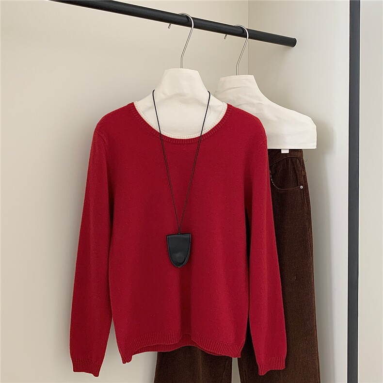 2025年秋季圆领长袖单件套头撞色双层领时尚百搭通勤，女装针织衫/毛衣，伊绒腾羊绒