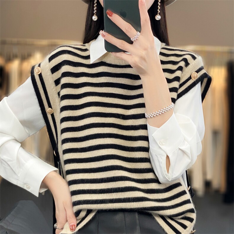 时尚条纹毛衣女宽松显瘦针织衫马甲,女装马甲,琳华羊绒