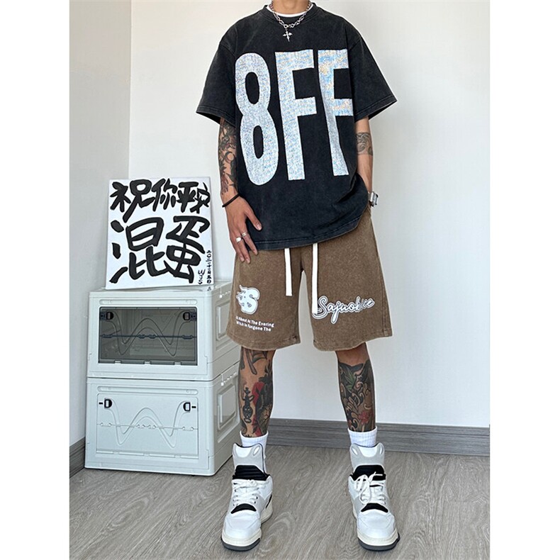纯棉320G重磅水洗做旧印花短裤A014-DY2371-P50控68,男装牛仔裤,电商A014