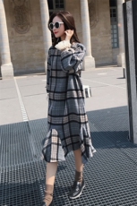 鱼尾格子尼料长款连衣裙时尚拼接格子冬季新款圆领灯笼袖，女装连衣裙，艾艾淮淮
