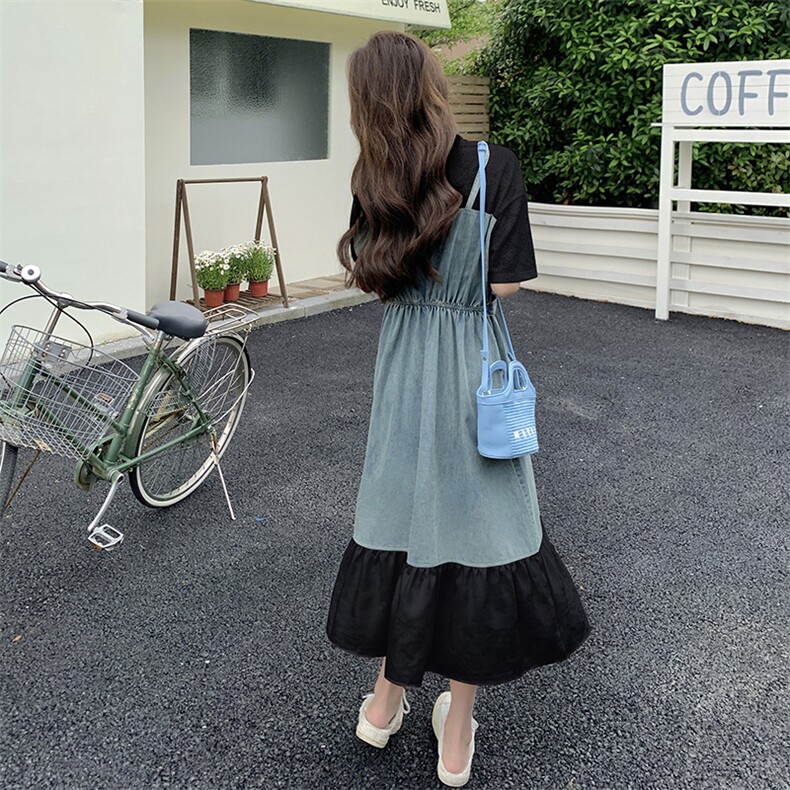 假两件拼接牛仔背带连衣裙女2025夏季新款韩版宽松休闲减龄长裙子,女装连衣裙,2C098