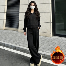 韩系简约运动套装女秋冬新款双口袋拉链开衫连帽卫衣直筒裤两件套，女装套装/套裙，江南