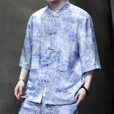 2025夏季新款风男装盘扣新中式唐装书法印花衬衫C115-P50，男装衬衫，电商B277(原6028)
