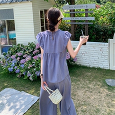 韩版俏皮减龄木耳边上衣套装女2025夏季新款宽松显瘦阔腿裤两件套，女装套装/套裙，维壹