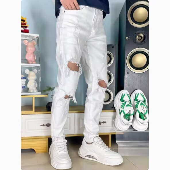 简约白色牛仔裤男修身小直筒破洞乞丐裤夏季新款时尚刮烂长裤,男装牛仔裤,星座1210-1