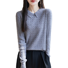 24秋冬100%纯羊毛衫女POLO领麻花针织毛衣宽松百搭羊绒衫打底上衣，女装羊毛衫，朝思羊绒