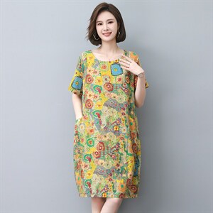 长期现货，碎花棉麻连衣裙女夏季2023新款复古高端宽松大码潮,女装连衣裙,涵誉