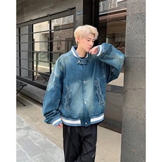 美式复古水洗宽松短款牛仔外套休闲百搭棒球服，男装工装外套，星座410-6（原星座1304-1）
