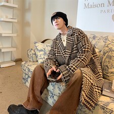 秋冬季中长款千鸟格呢料风衣男潮流宽松西装领外套A071-F05-P120,男装风衣,电商A071