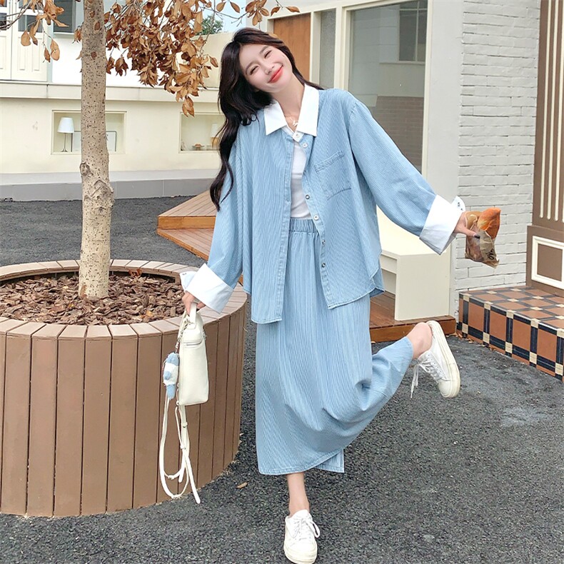 韩版宽松蓝色条纹衬衫半身裙套装女2025秋季新款高级感穿搭两件套,女装套装/套裙,2C108