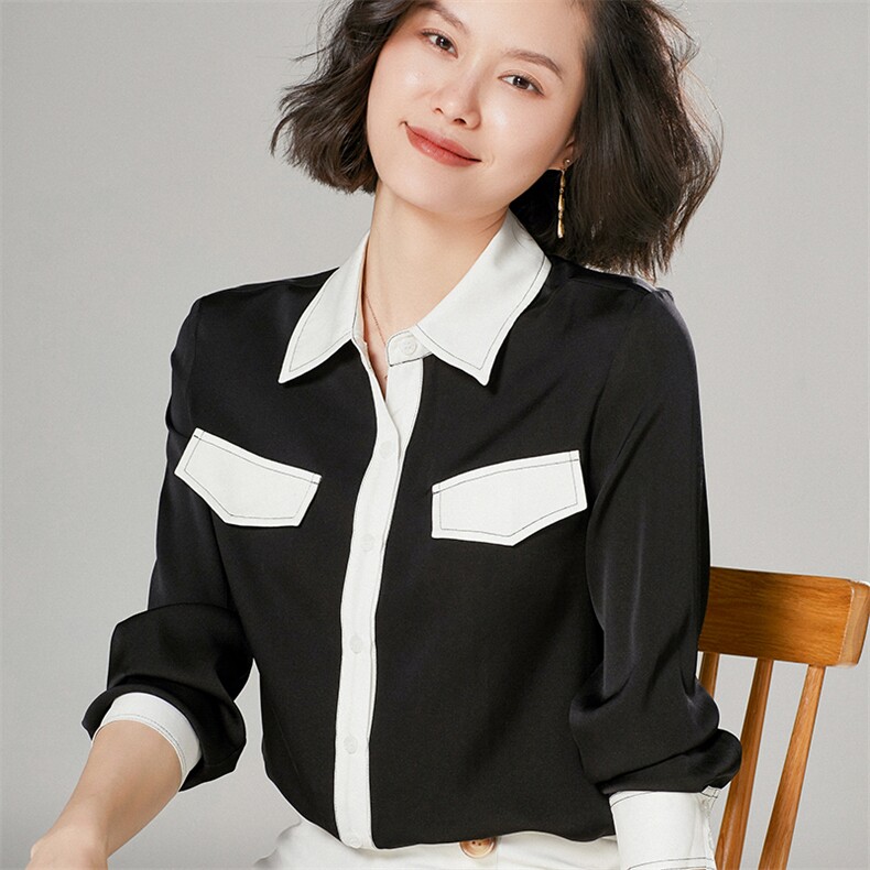时尚都市女性必备优雅真丝衬衫简约黑白拼接设计显瘦百搭长袖上衣图片