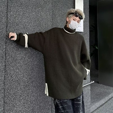 日系秋冬高领毛衣男开衩复古宽松加厚保暖拼色针织衫，男装针织衫/毛衣，星座410-6（原星座1304-1）