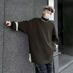 日系秋冬高领毛衣男开衩复古宽松加厚保暖拼色针织衫图片
