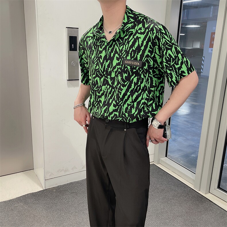 夏季高级感印花短袖衬衫男ins沙滩半袖花衬衫痞帅潮CS721-P55控79,男装T恤,电商B267