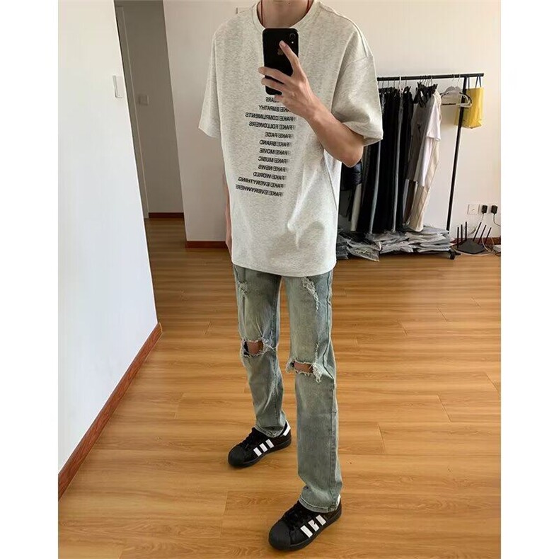 全棉常规纯色日常宽松型青少年落肩袖圆领ins潮牌印花短袖T恤,男装T恤,星座506A