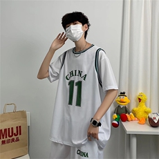 运动套装假两件短袖学生班服比赛服宽松训练半袖两件套TZ06-p36，男装休闲套装，星座1008-1