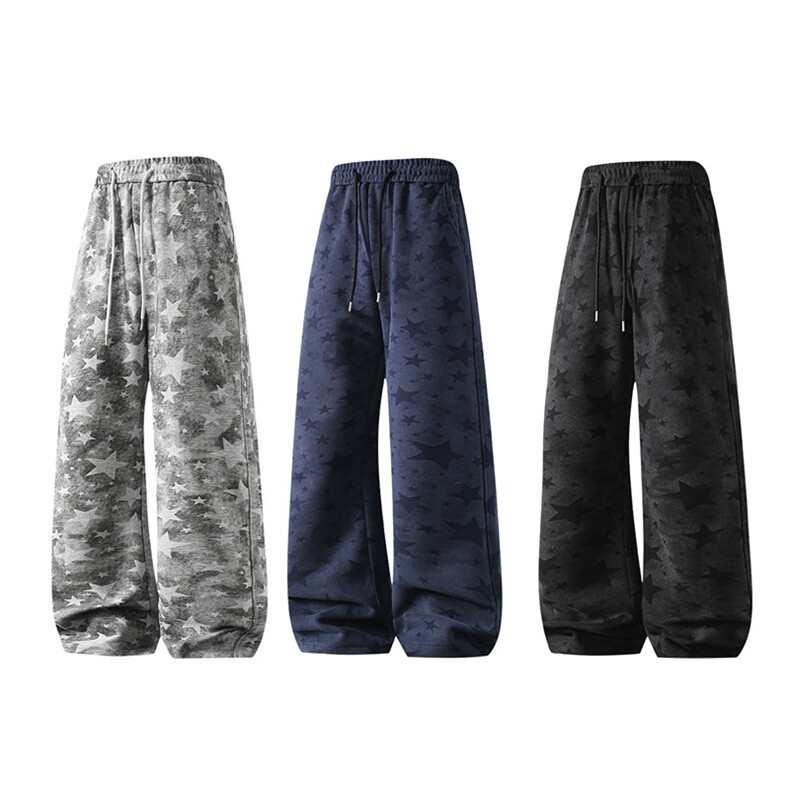 现货美式星星弯刀卫裤新款春季裤子男女情侣港风宽松直筒阔腿运动裤，男装休闲裤，星座302B-2