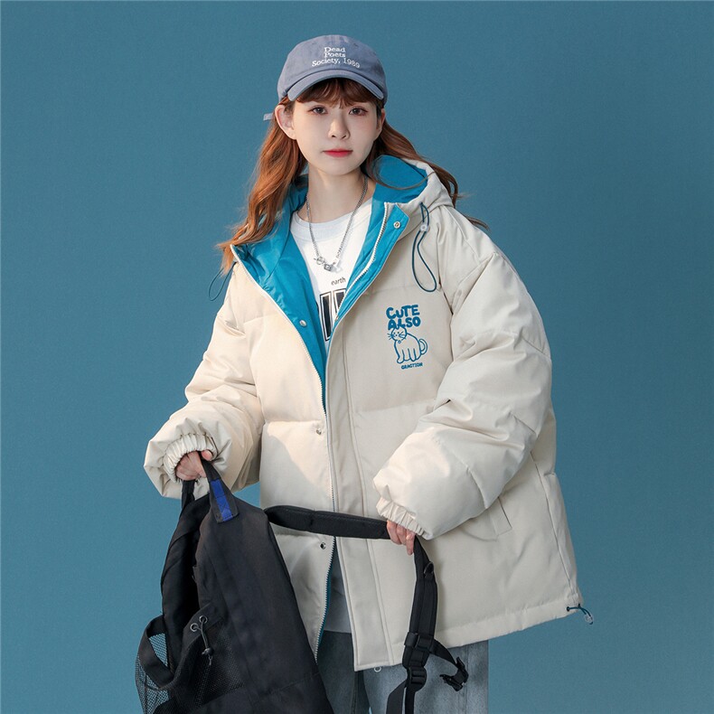 中性风22冬季新品小猫印花连帽面包服棉服宽松棉衣MY152P115控148,男装棉衣,A247A