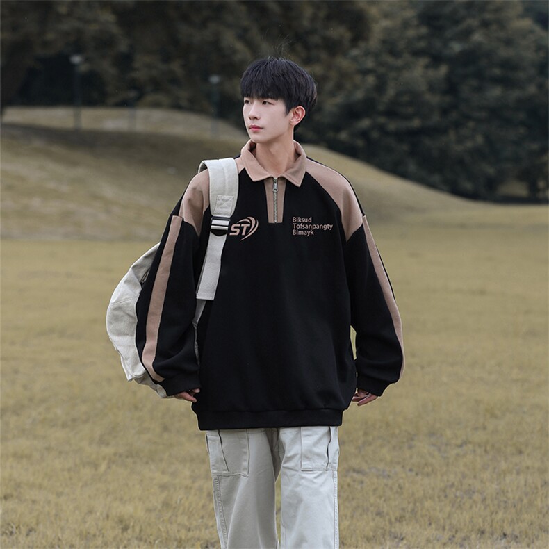 品质秋季美式拼色翻领POLO衫休闲宽松卫衣PW2341-P50控78抖音控88,男装卫衣,电商B370